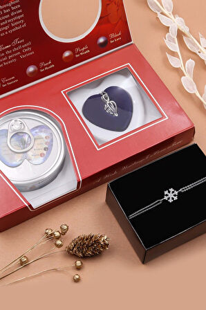 İstiridye İçinde Gerçek İnci Kolye & Gümüş Renk Kartanesi Bileklik Hediye Seti