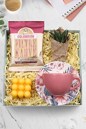 Pembe Fincan & Colombian Filtre Kahve & Sukulent Çiçek & Turuncu Bubble Mum Hediye Seti