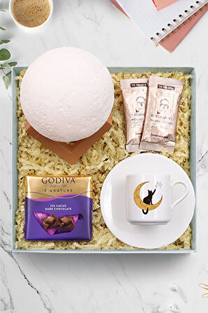 Kedili Ay Fincan & Ay Gece Lambası & Godiva Çikolata & 2'li Mehmet Efendi Türk Kahvesi Hediye Seti