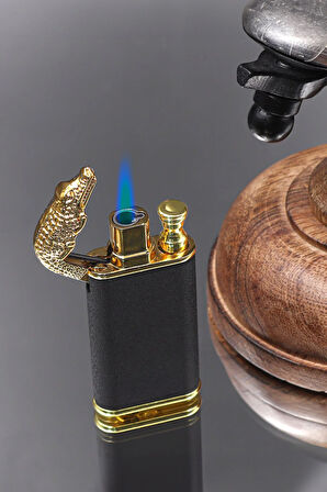 Ahşap Kutulu Gold Detaylı Siyah Renk Alevli Ejderha Çakmak