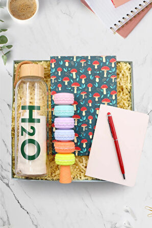 Mantar Defter & Bambu Kapaklı Matara & Kırmızı Touch Pen & Not Defteri & Makaron Kalem Seti