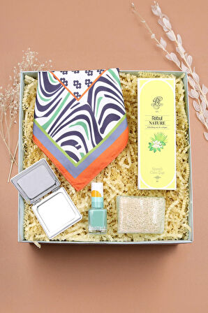 Turuncu Detaylı Fular & Pastel Oje & Sabun & Beyaz El Aynası & Rebul Nature Kolonya Hediye Seti