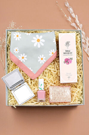 Papatya Desenli Fular & Pastel Oje & Lifli Sabun & Beyaz El Aynası &Bouquet Kolonya Hediye Seti