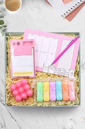 Pembe Touch Pen & Bubble Mum & Haftalık Planner & Fosforlu Kalem & Bloknot Hediye Seti