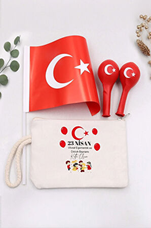 23 Nisan'a Özel Türk Bayrağı & Ham Bez El Çantası & 2'li Balon Hediye Seti