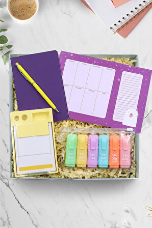 Sarı Touch Pen & Bloknot & Dikişli Mini Not Defteri & Haftalık Planner & Fosforlu Kalem Hediye Seti