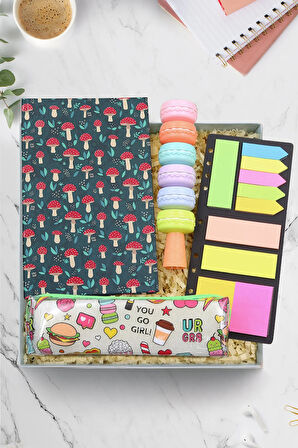 Mantar Desenli Defter & Şeffaf Kalemlik & Yapışkan Notluk & Makaron Fosforlu Kalem Hediye Seti