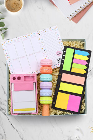 Haftalık Planner & Yapışkan Notluk & Makaron Fosforlu Kalem & Bloknot Hediye Seti