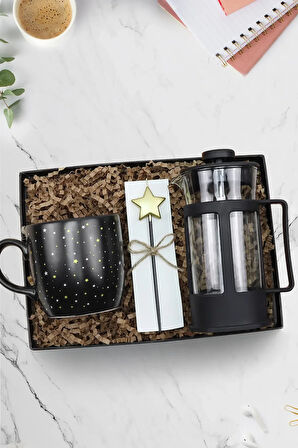 Yıldızlı Kupa & Siyah French Press & Doğum Günü Yıldız Mum Hediye Seti
