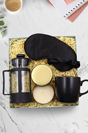 Gold Metal Kutulu Mum & Siyah French Press & Siyah Mat Kupa & Saten Uyku Bandı Hediye Seti