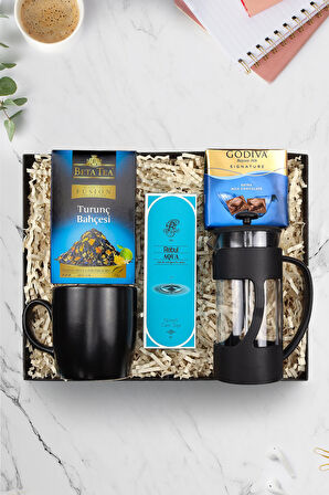FrenchPress & Siyah Kupa & Beta Tea Bitki Çayı & Godiva Kare & Rebul Aqua Erkek Kolonya Hediye Seti