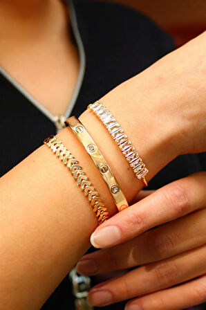 Taş Detaylı Çelik Kelepçe Bileklik & Başak Desen Bileklik & Sıralı Çelik Bileklik Hediye Seti