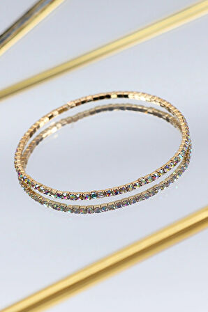 Yonca Detaylı Çelik Bileklik & Suyolu Bileklik & Taş Detaylı Gold Renk Çelik Bileklik Hediye Seti