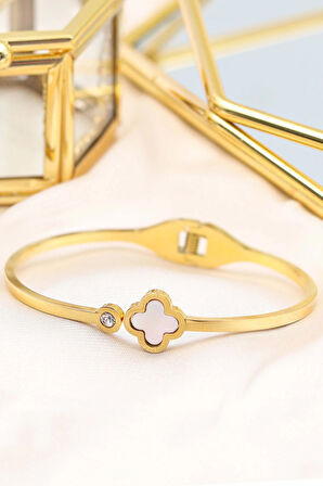 Yonca Detaylı Çelik Bileklik & Suyolu Bileklik & Taş Detaylı Gold Renk Çelik Bileklik Hediye Seti