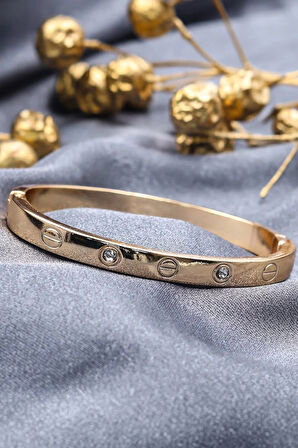 Yonca Detaylı Çelik Bileklik & Suyolu Bileklik & Taş Detaylı Gold Renk Çelik Bileklik Hediye Seti