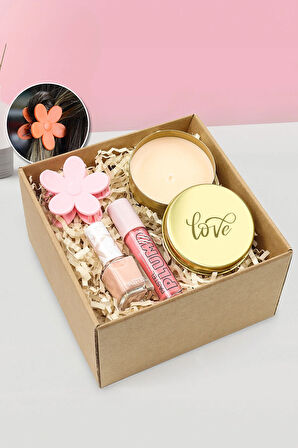 Love Gold Metal Kutulu Mum & Papatya Mandal Toka & Oje-Dudak Dolgunlaştırıcı Gloss Hediye Seti