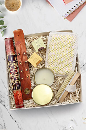 Gold Metal Kutulu Mum & Çubuk Tütsü & Atkılı Fırça & Teashop 2li Bitki Çayı & Duş Kesesi Hediye Seti