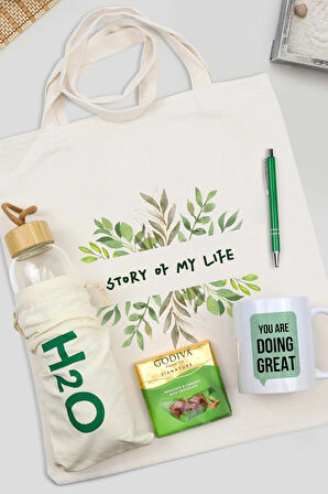 Bez Çanta & Bambu Kapaklı Cam Matara & Kupa & Godiva Çikolata & Yeşil Tükenmez Kalem Hediye Seti