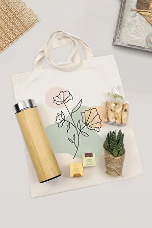 Çelik Termos & Ham Bez Çanta & Bademli Kurabiye & Canlı Sukulent Çiçek & Bitki Çayı Hediye Seti