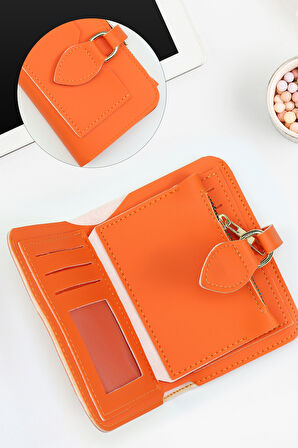 Turuncu Yumuşak Deri Cüzdan & Gold Renk Melek Kolye Hediye Seti