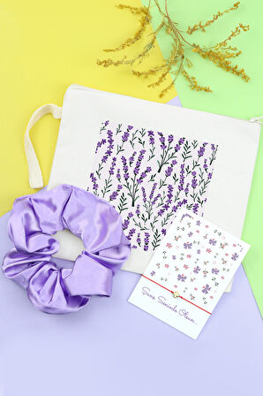 Lavanta Tasarım Ham Bez El Çantası & Şans Bilekliği & Saten Toka Hediye Seti