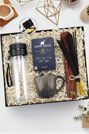 300 ml Cam Demlik Matara & Filtre Kahve & Çizgili Porselen Kupa & Çubuk Tütsü Hediye Seti