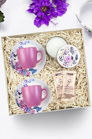 Tasarım Metal Kutulu Mum & 2'li Türk Kahvesi Fincanı & 2'li Tek İçimlik Türk Kahvesi Hediye Seti