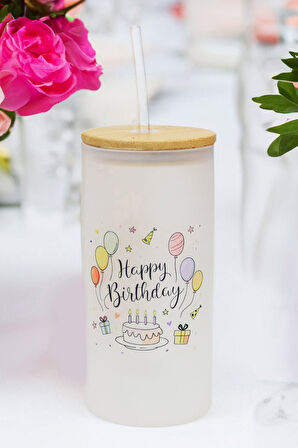 Tasarımlı Peluş Ayıcık & Pipetli Buzlu Cam Bardak Doğum Günü Hediye Seti