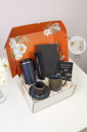Çiçekli Kutusunda Termos & Kalem & Defter & Porselen Kupa & Porselen Türk Kahvesi Fincan Hediye Seti