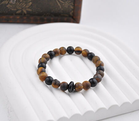 10 MM Zeytin Ağacı-Onix Doğal Taşı Unisex Bileklik
