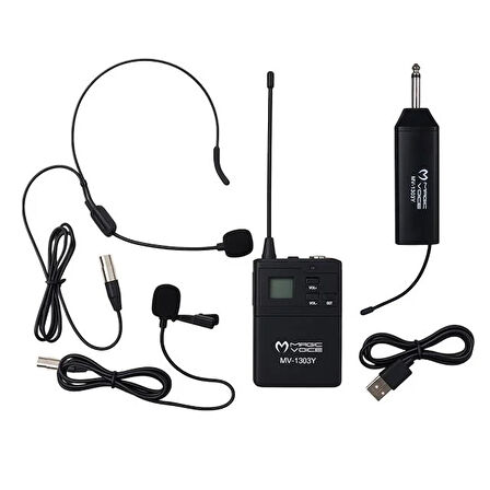 Magicvoice MV-1303Y Kablosuz 1 Yaka + 1 Headset Telsiz Mikrofon Siyah