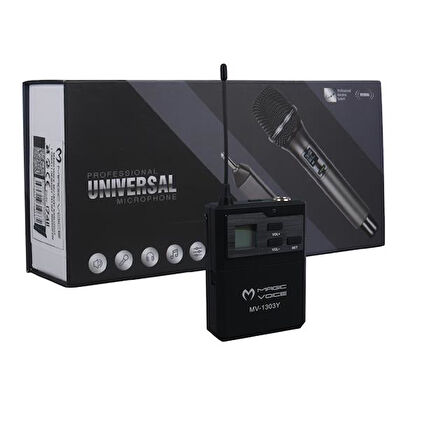 Magicvoice MV-1303Y Kablosuz 1 Yaka + 1 Headset Telsiz Mikrofon Siyah