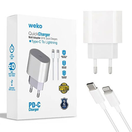 Weko Wk-21443 Pd-c 20 Watt Type-c Şarj Başlık Adaptörü + Type-c To Lıghtnıng Kablo No:9