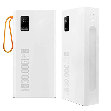 Powerway 30.000 Mah Pd 22.5w Dahili Kablolu Hızlı Şarj Gerçek 30.000 Mah Qc30s Beyaz Powerbank