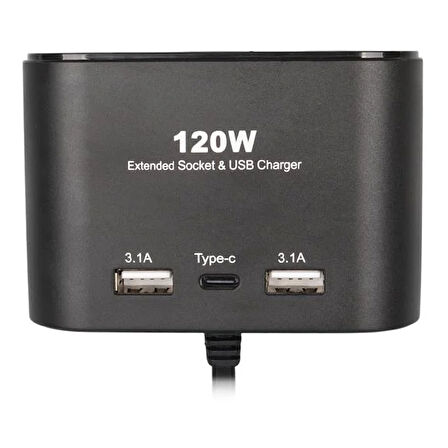 Olesson 1653 12-24v Çift Usb + Type-c Girişli 100w 70cm Kablolu 3'lü Araç Çakmak Çoklayıcı