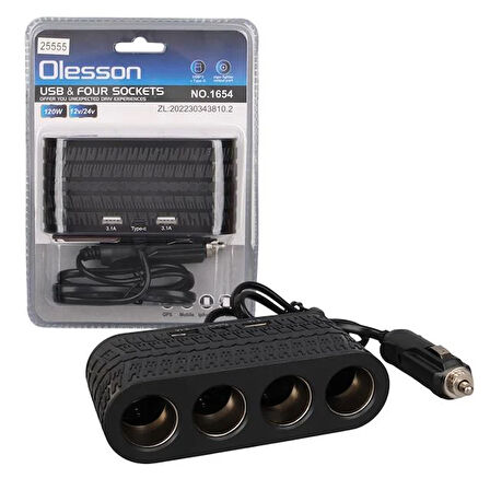 Olesson 1654 12-24v Çift Usb - Type-c 120w 80cm Kablolu 4'lü Araç Çakmak Çoklayıcı