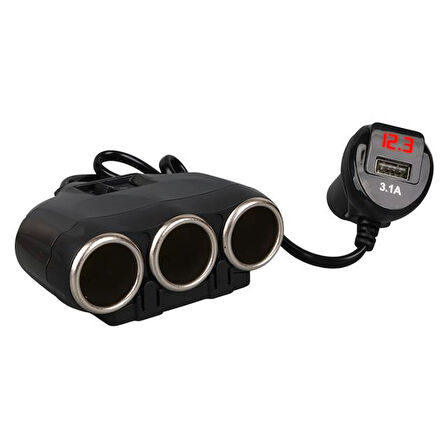 Olesson 1634 12-24v Tek Usb Girişli 120w 80cm Kablolu Dijital Voltaj Ekranlı 3'lü Araç Çakmak Çoklayıcı