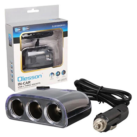 Olesson 1505 12-24v Çift Usb Girişli 120w 80cm Kablolu 3'lü Araç Çakmak Çoklayıcı