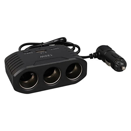Olesson 2012 12-24v Çift Type-c - Tek Usb Girişli 120w 80cm Kablolu 3'lü Araç Çakmak Çoklayıcı