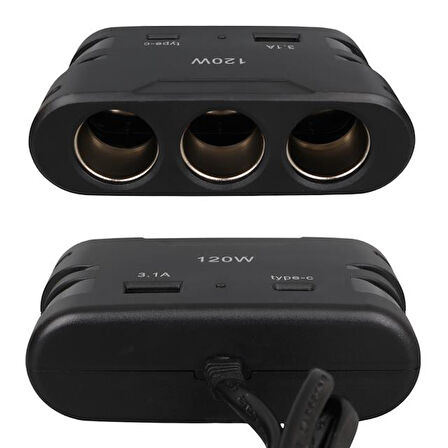 Olesson 2013 12-24v Type-c + Usb Girişli 120w 80 Cm Kablolu 3'lü Araç Çakmak Çoklayıcı