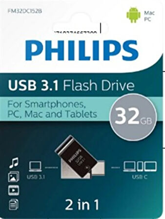 Philips Fm32dc152b/00 32gb 2 In 1 Type-c/usb 3.1 Siyah Gri Usb Bellek