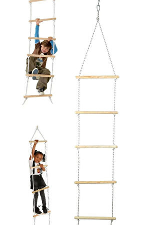 Trapez Ahşap Merdiven 8mm İp 100kg Taşır Set Çocuk Tırmanma Jimnastik Gelişim Salıncağı 6 basamak