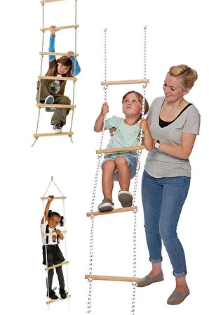 Trapez Ahşap Merdiven 8mm İp 100kg Taşır Set Çocuk Tırmanma Jimnastik Gelişim Salıncağı 6 basamak