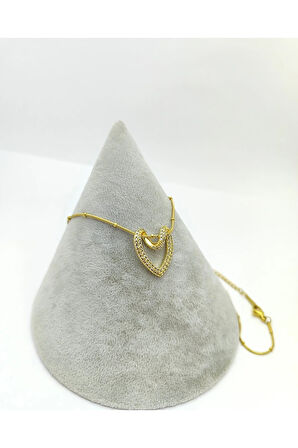 Kadın 22 Ayar Çelik Gold Altın Kaplama Düğüm Kalp İçi Boş Zirkon Taşlı Şık Kolye