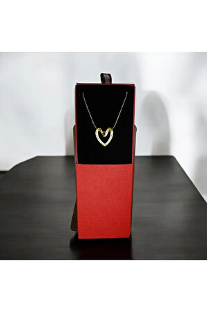 Kadın 22 Ayar Çelik Gold Altın Kaplama Düğüm Kalp İçi Boş Zirkon Taşlı Şık Kolye