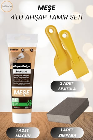 4'lü Meşe Ahşap ve Duvar Tamir Seti 125 Ml Dolgu Macunu 2 Adet Plastik Spatula 1 Kübik Zımpara