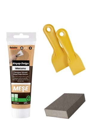 4'lü Meşe Ahşap ve Duvar Tamir Seti 125 Ml Dolgu Macunu 2 Adet Plastik Spatula 1 Kübik Zımpara