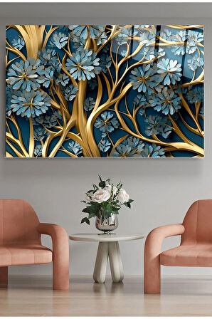 Mavi Çiçekler Cam Tablo, Dekoratif