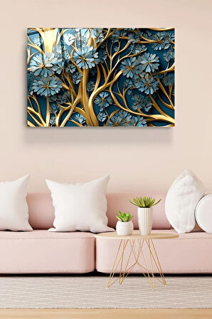 Mavi Çiçekler Cam Tablo, Dekoratif