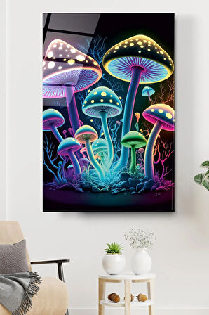 Neon Mantarlar Cam Tablo, Dekoratif Cam Tablo